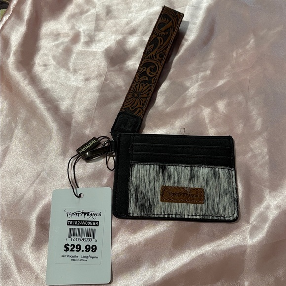Trinity Accessories - Trinity Ranch Cowhide Black Leather Wristlet Card Holder with Tooled Strap